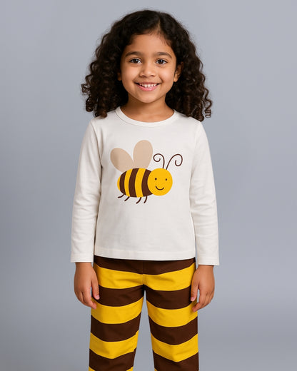 Off White & Brown Honey Bee Printed Unisex Cotton Loungewear for Kids