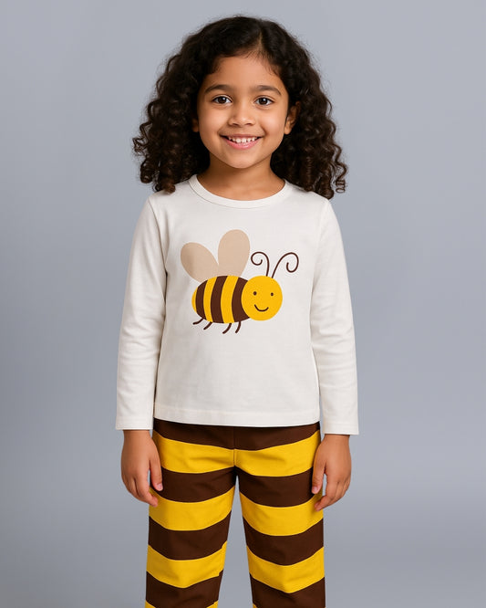 Off White & Brown Honey Bee Printed Unisex Cotton Loungewear for Kids