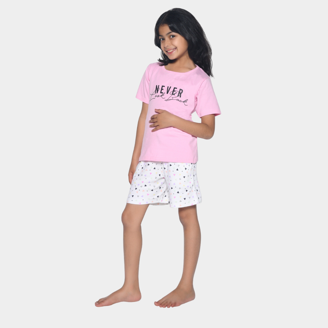 Girls Pink & Off White Typography Printed Night suit