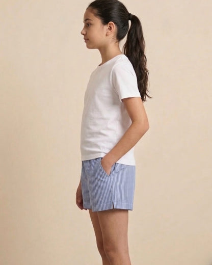 Blue Blossom Print Cotton T-Shirt with Striped Poplin Shorts Set for Girls