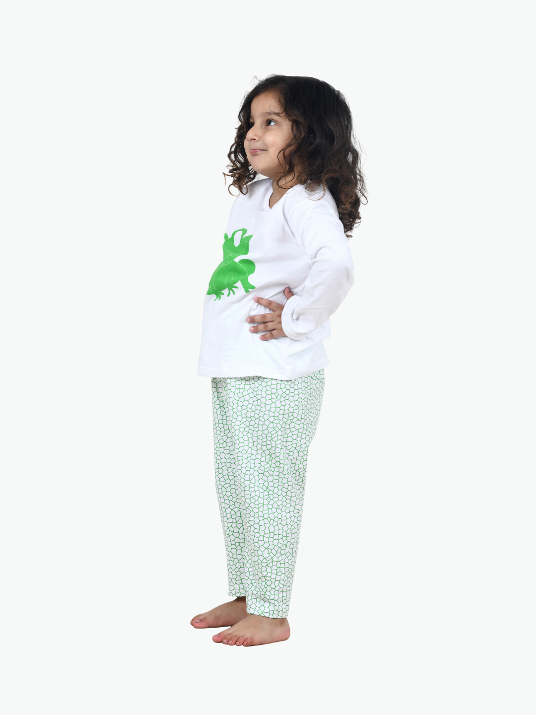 Green & White Frog Printed Cotton Kids Night Suit