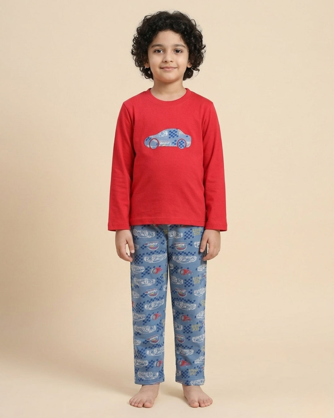 Car Printed Premium Cotton Full Sleeves Red T-Shirt with Blue Pyjama for Boys