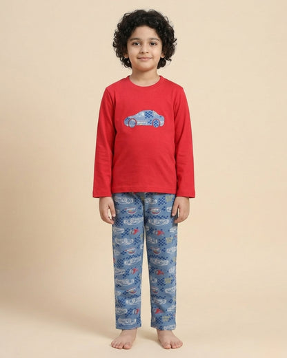 Car Printed Premium Cotton Full Sleeves Red T-Shirt with Blue Pyjama for Boys
