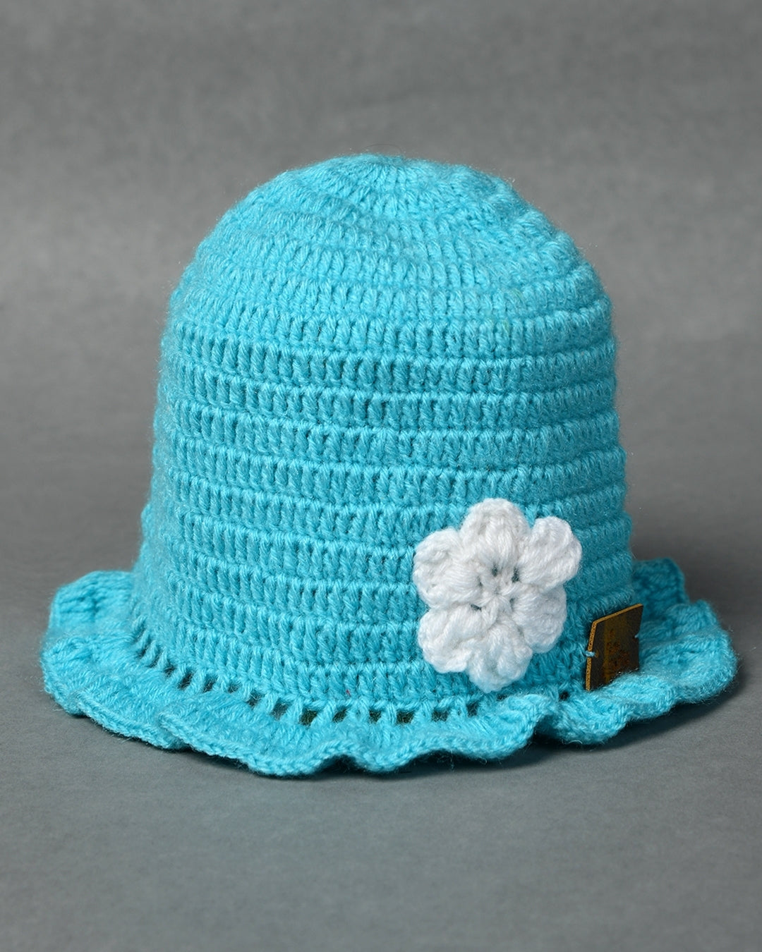 Blue Self Design Beanie Handmade Knitted Woollen Cap for Girls