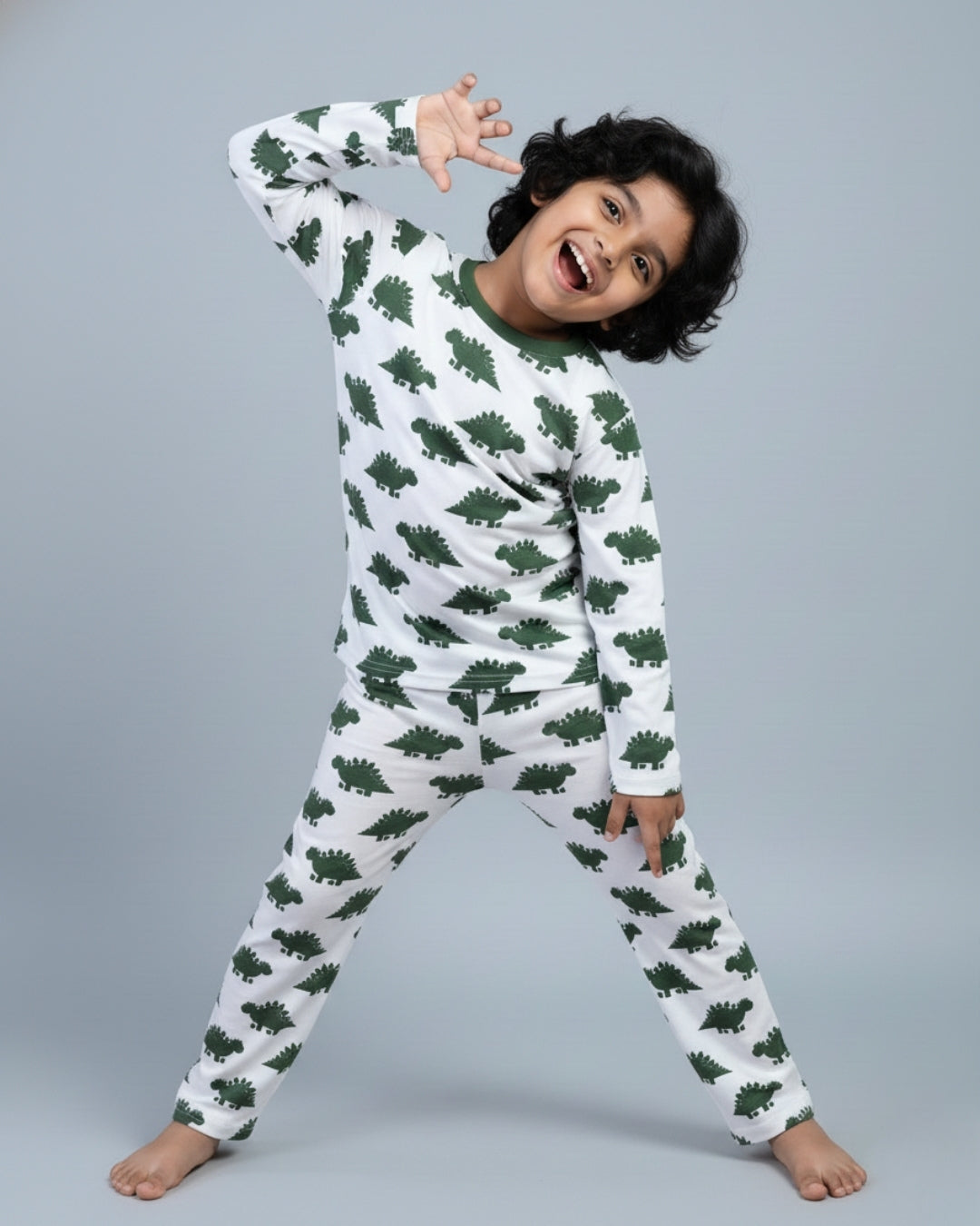 Dinosaur Printed Premium Cotton Full Sleeves White & Green T-Shirt & Pyjama Set for Kids