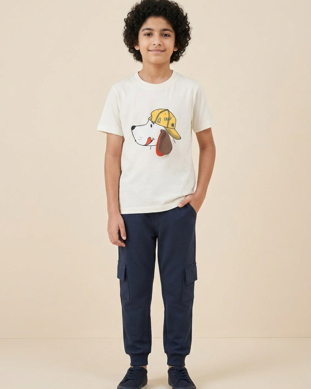 Puppy Printed Premium Cotton Half Sleeves White T-Shirt with Navy Blue Jogger for Boys