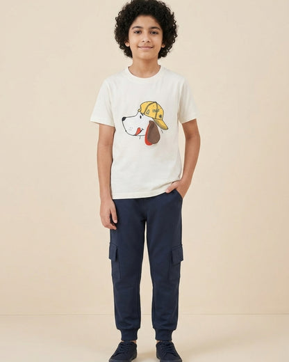 Puppy Printed Premium Cotton Half Sleeves White T-Shirt with Navy Blue Jogger for Boys