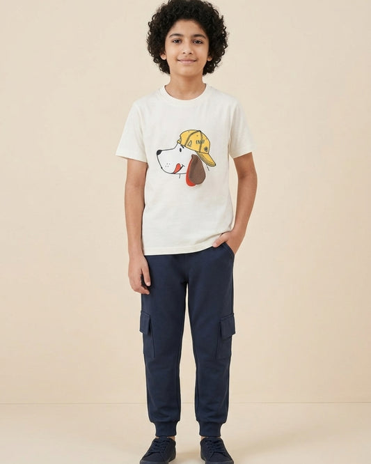 Puppy Printed Premium Cotton Half Sleeves White T-Shirt with Navy Blue Jogger for Boys