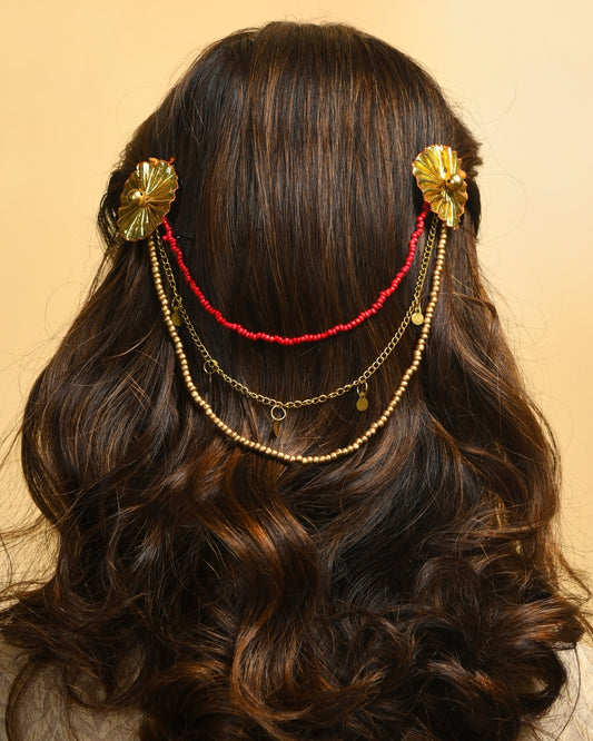Ethnic Beaded Chain Hairclip - Golden