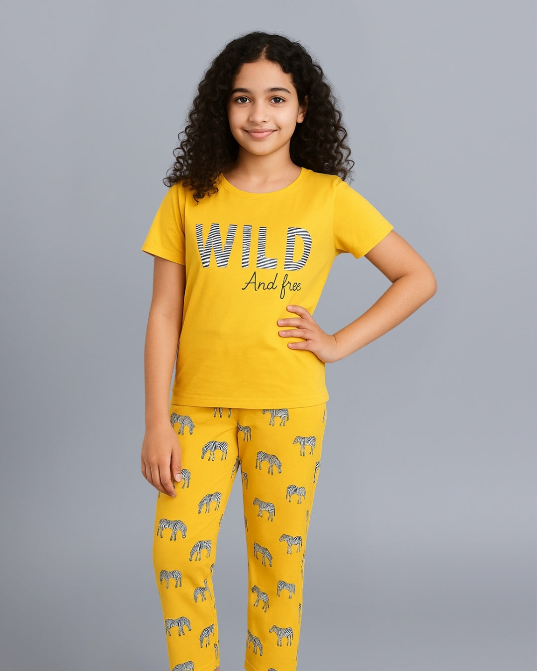 Mustard Zebra Printed Cotton Nightwear for Girls