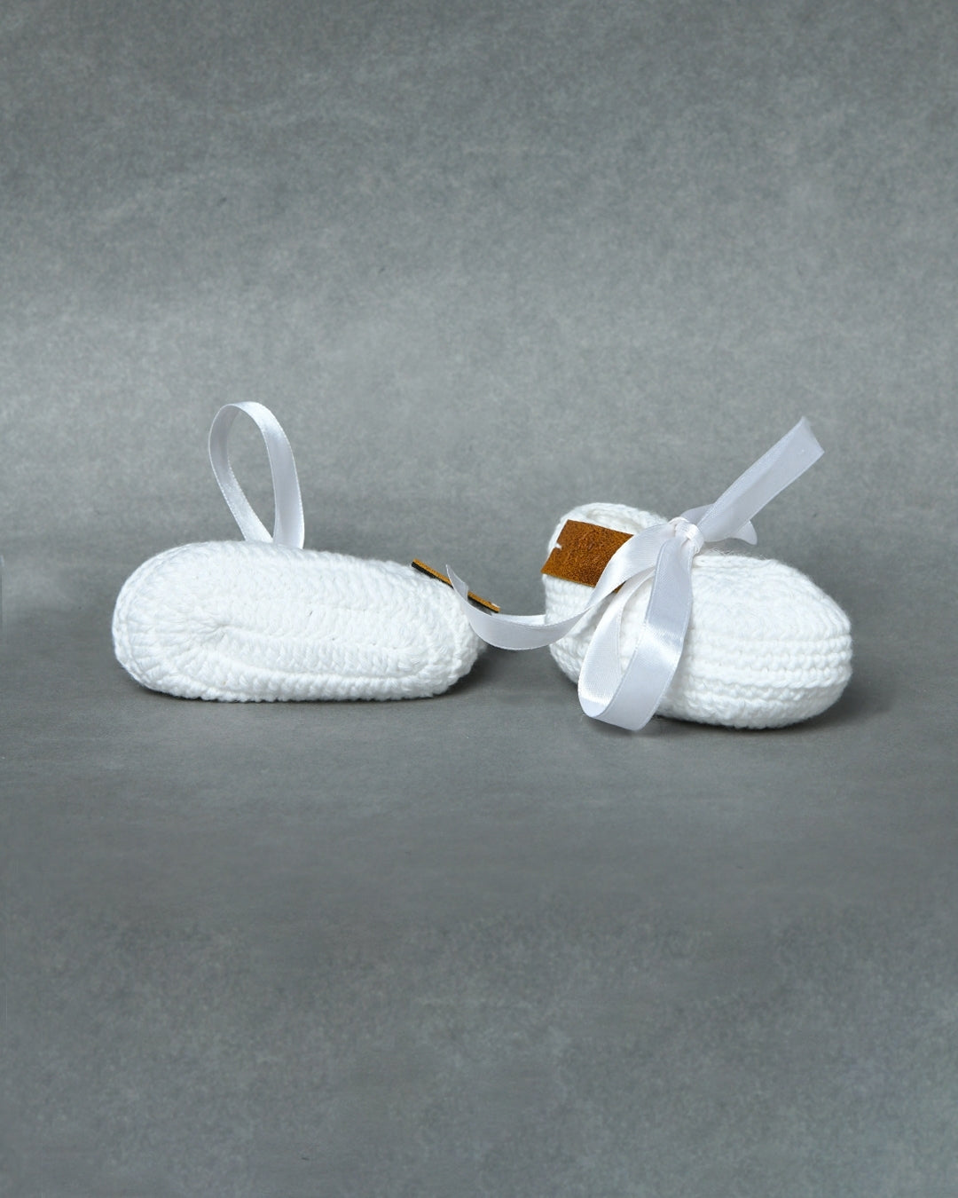 White Handmade Organic Thread Crochet Booties with Cute Bow Design