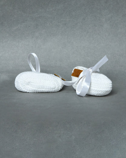 White Handmade Organic Thread Crochet Booties with Cute Bow Design