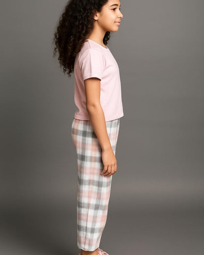 Light Pink Premium Cotton Checks Printed Half Sleeves T-Shirt & Pyjama Set for Girls