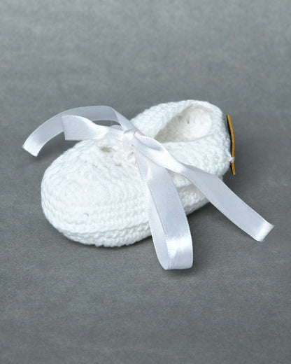 White Handmade Organic Thread Crochet Booties with Cute Bow Design