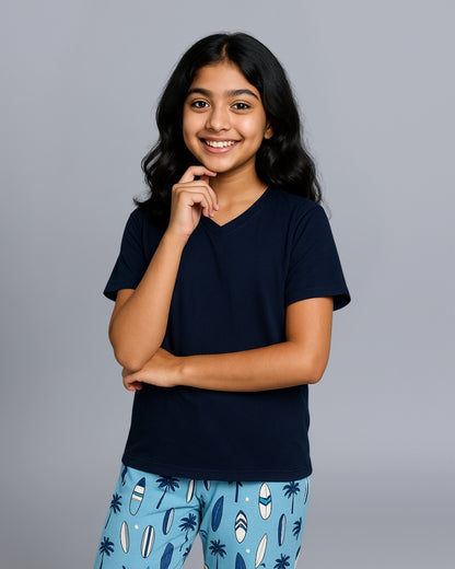 Girls Navy & Blue Skate Board Printed Night suit