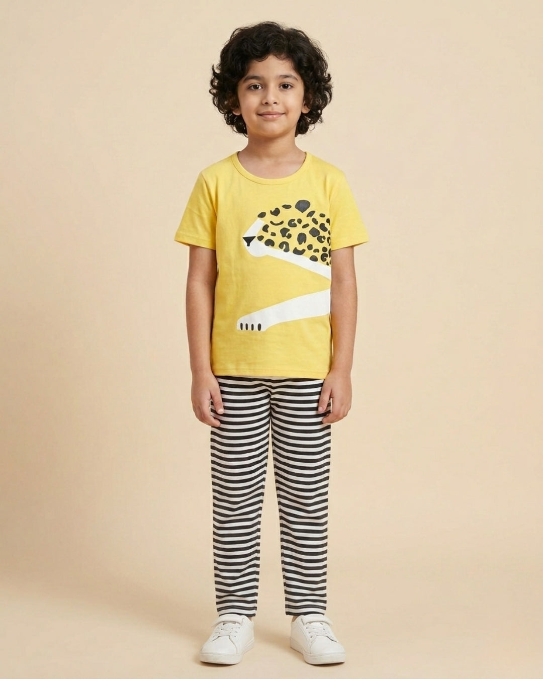 Yellow Tiger Printed Cotton Night Suit For Boys