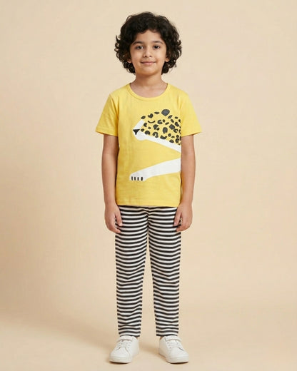 Yellow Tiger Printed Cotton Night Suit For Boys