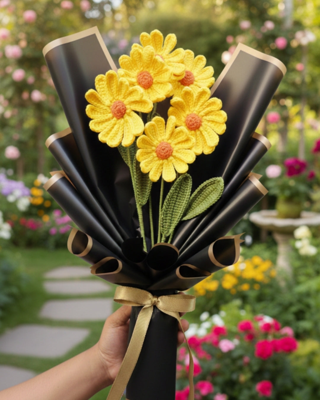 Handmade Crochet Yellow Daisy Flower Bouquet