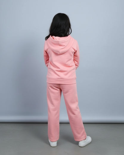 Pink Premium Cotton Full Sleeves Slid Hooded Jogger Set for Girls