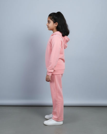 Pink Premium Cotton Full Sleeves Slid Hooded Jogger Set for Girls