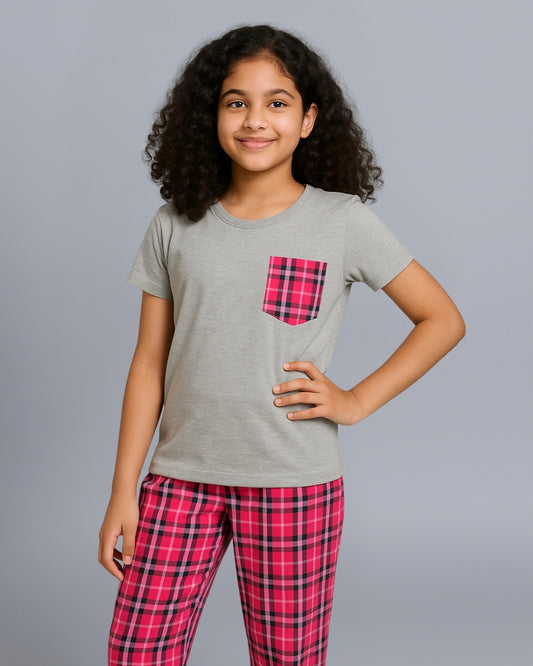 Pink & Grey Checks Printed Cotton Nightwear for Girls