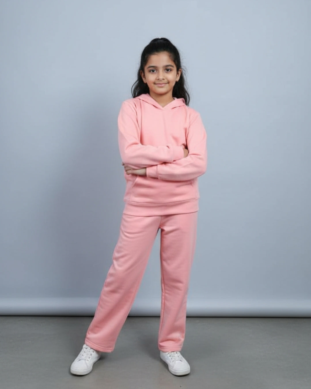 Pink Premium Cotton Full Sleeves Slid Hooded Jogger Set for Girls