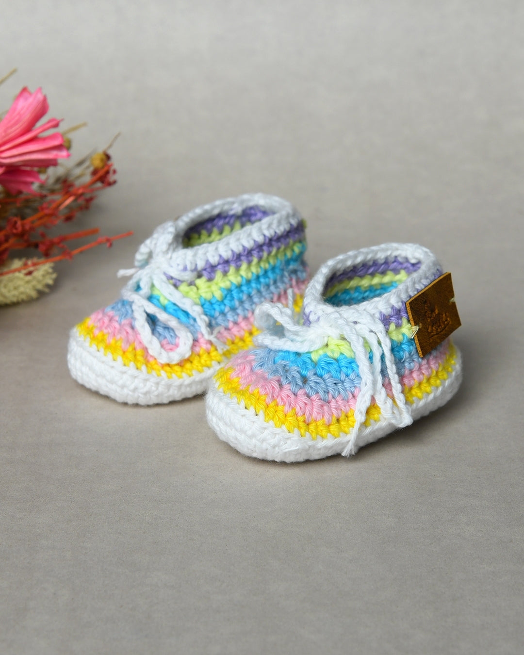 Multicolor Handmade Organic Thread Crochet Booties with Cute Bow Design