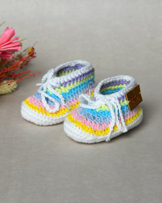 Multicolor Handmade Organic Thread Crochet Booties with Cute Bow Design