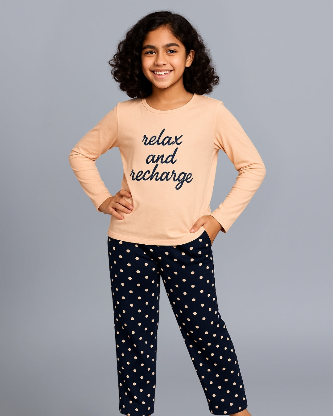 Peach & Navy Blue Typography Printed Night Dress for Girls