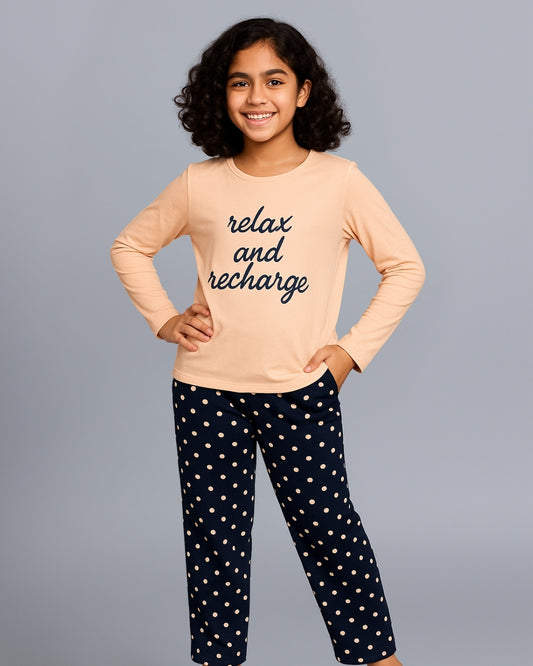 Peach & Navy Blue Typography Printed Night Dress for Girls