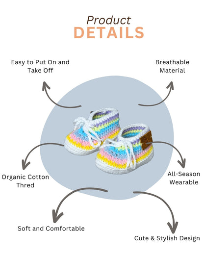 Multicolor Handmade Organic Thread Crochet Booties with Cute Bow Design