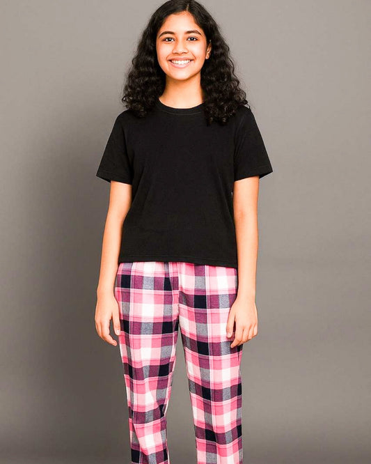 Pink & Black Premium Cotton Check Printed T-Shirt & Pyjama Set for Girls