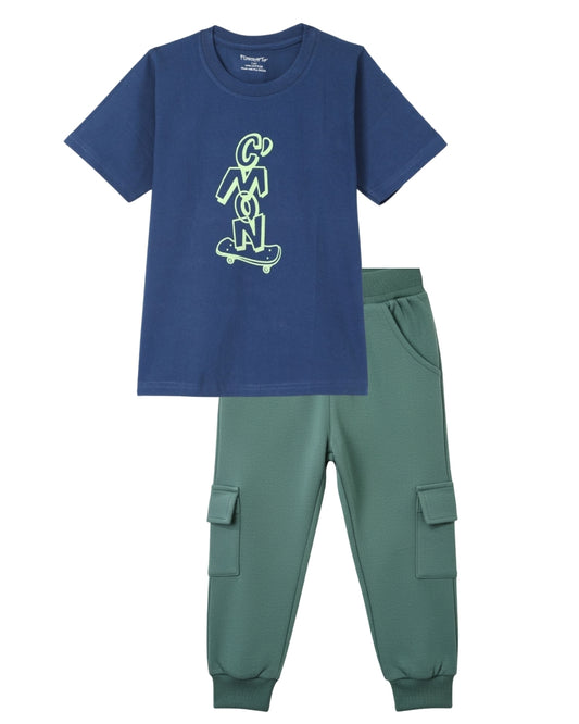 Graphic Printed Premium Cotton Half Sleeves Blue T-Shirt with Green Jogger for Boys