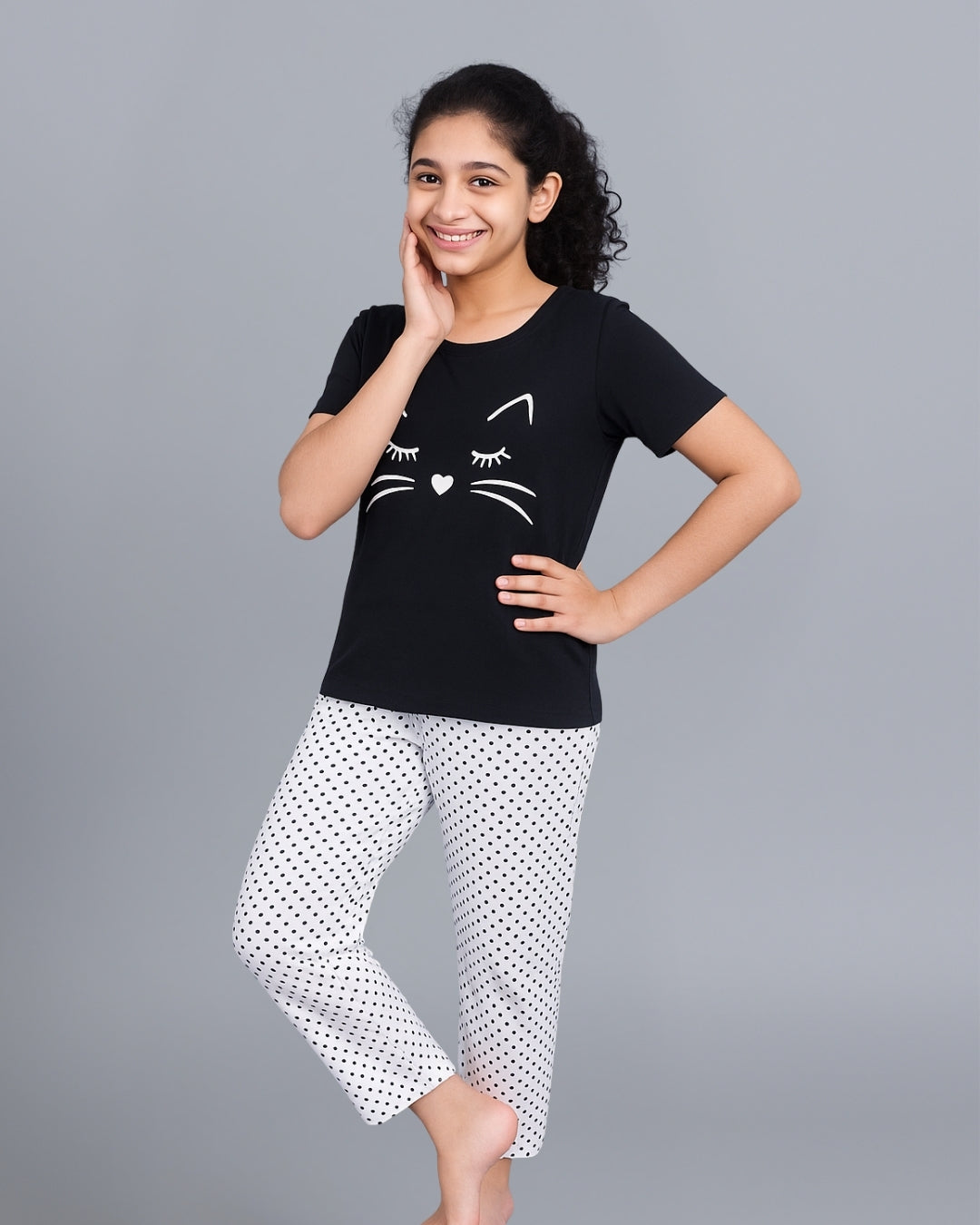 Black & Grey Cat Printed Cotton Night Suit for Girls