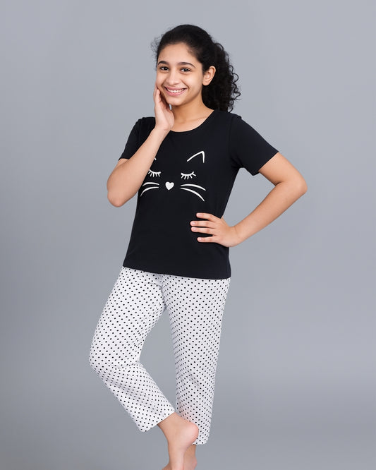 Black & Grey Cat Printed Cotton Night Suit for Girls
