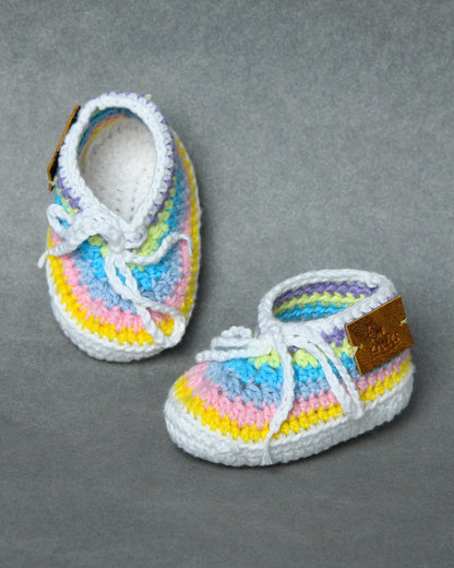 Multicolor Handmade Organic Thread Crochet Booties with Cute Bow Design