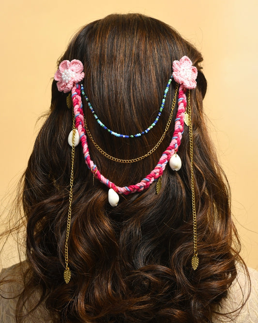 Beaded Chain With Crochet Flower Hairclips - Pink
