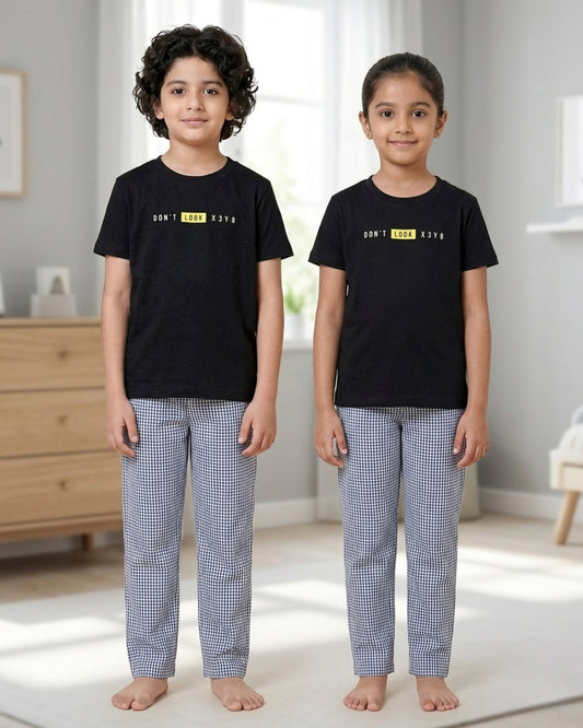 Black Checks Printed Cotton Night Dress For Kids
