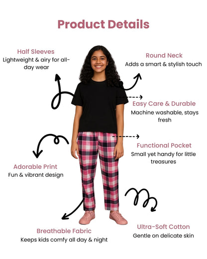 Pink & Black Premium Cotton Check Printed T-Shirt & Pyjama Set for Girls