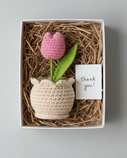 Handmade Crochet Pink Tulip in Decorative Pot