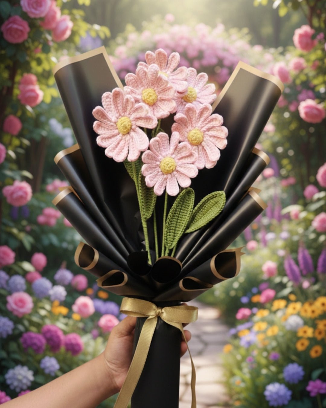 Handmade Crochet Pink Daisy Flower Bouquet