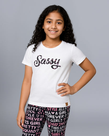 Typographic Printed Premium Cotton Half Sleeves White T-Shirt with Black Pyjama for Girls