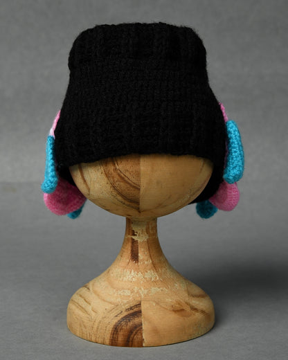 Black Self Design Handmade Woollen Ear Warmer Muffs Headband for Kids