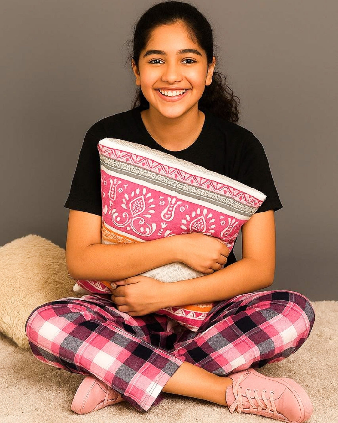 Pink & Black Premium Cotton Check Printed T-Shirt & Pyjama Set for Girls