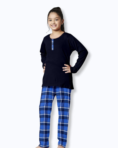Blue Checks Printed Cotton Nightwear for Girls