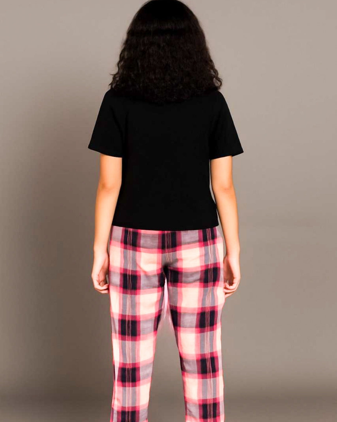 Pink & Black Premium Cotton Check Printed T-Shirt & Pyjama Set for Girls