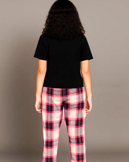 Pink & Black Premium Cotton Check Printed T-Shirt & Pyjama Set for Girls
