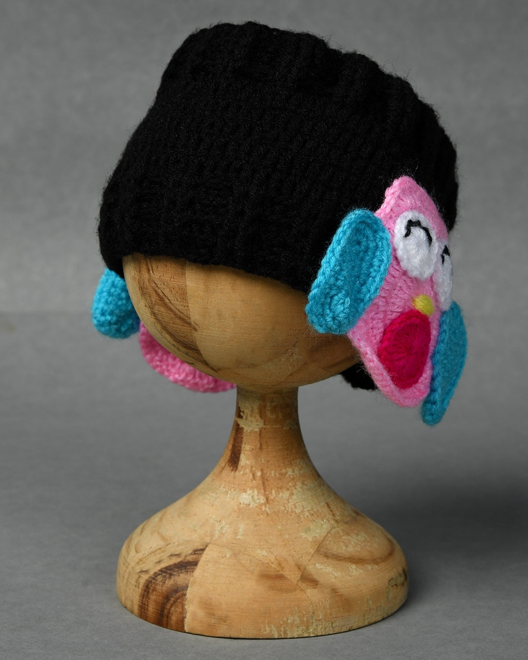 Black Self Design Handmade Woollen Ear Warmer Muffs Headband for Kids