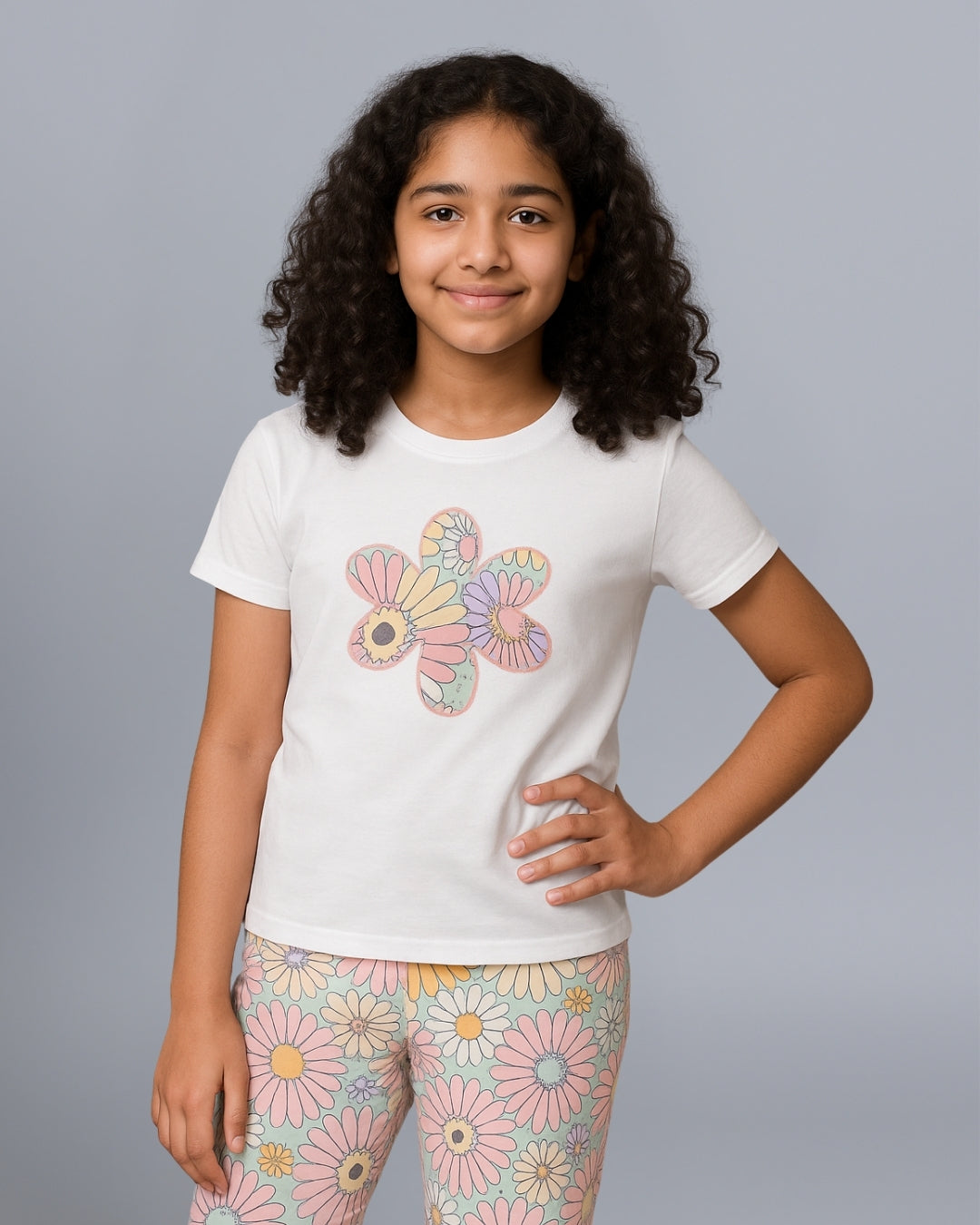 Floral Printed Premium Cotton Half Sleeves White T-Shirt with Multicolor Pyjama for Girls