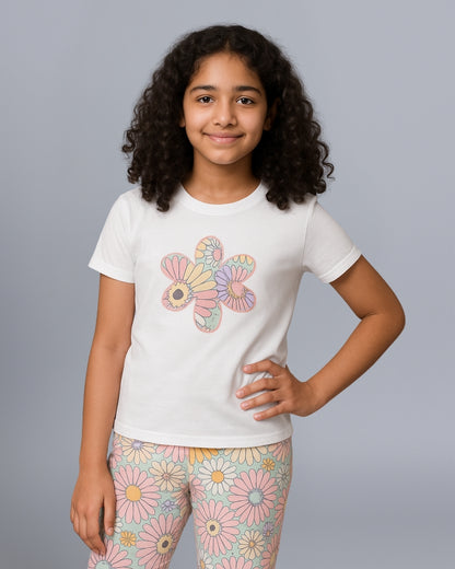 Floral Printed Premium Cotton Half Sleeves White T-Shirt with Multicolor Pyjama for Girls